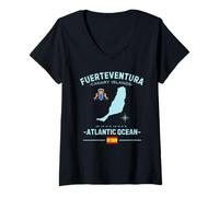 Donna Fuerteventura Isole Canarie Vacanza Spagna Bandiera GPS Mappa Maglietta con Collo a V