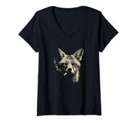 Donna Fumo Fox Head Cool Animal Urban Smoke Vibe Maglietta con Collo a V