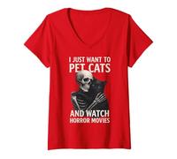 Donna Fun Skeleton I Just Want To Pet Cats And Watch Horror Movies Maglietta con Collo a V