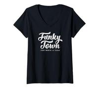 Donna Funky Town Fort Worth TX Script Design con Dettagli Maglietta con Collo a V