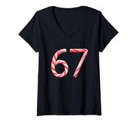 Donna Funny 67 Six Seven Meme Christmas Candy Cane Graphic (Black) Maglietta con Collo a V