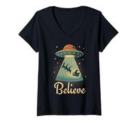 Donna Funny Alien Christmas Believe UFO Santa Abduction Men Women Maglietta con Collo a V