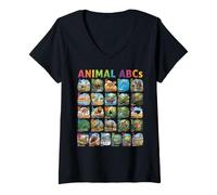 Donna Funny Animal Alphabet A-Z ABCs Learning Letters for Kids Maglietta con Collo a V