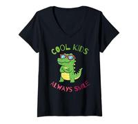 Donna Funny Animal Cool Kids Always Smile, Crocodile Alligator Maglietta con Collo a V