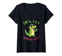 Donna Funny Animal Cool Kids Always Smile, Crocodile Alligator Maglietta con Collo a V