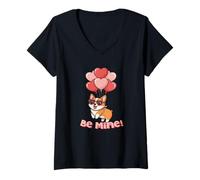 Donna Funny Be Mine Valentines Day Heart Balloons Corgi Dog Lover Maglietta con Collo a V