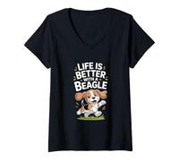 Donna Funny Beagle Life is Better Jumping Puppy Maglietta con Collo a V