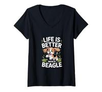 Donna Funny Beagle Life is Better Jumping Puppy Maglietta con Collo a V