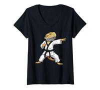 Donna Funny Bearded Dragons Doing Karate Samurai Ninja Lizard Maglietta con Collo a V