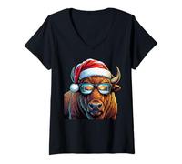 Donna Funny Bison Buffalo with Sunglasses Santa Hat Snow Christmas Maglietta con Collo a V