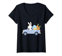 Donna Funny Bunny Driving Plaid Truck con uovo e carote Maglietta con Collo a V