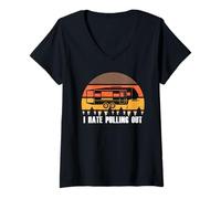 Donna Funny Camping I Hate Pull out Retro Tramonto Pull out Maglietta con Collo a V