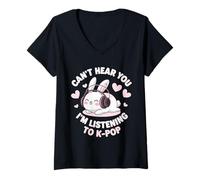 Donna Funny Can't Hear You Ascoltare K-Pop Cute Bunny Fans Maglietta con Collo a V