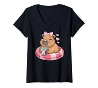 Donna Funny Capybara on Pool Float Drinking Boba Bubble Tea Maglietta con Collo a V