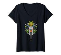 Donna Funny Cartoon Green Frog Riding a Bike Illustration Graphic Maglietta con Collo a V