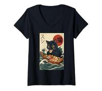 Donna Funny Cat Eating Sushi On Boat Great Wave Japanese Maglietta con Collo a V