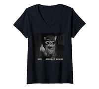 Donna Funny Cat Flipping off Middle Finger On Security Camera Maglietta con Collo a V
