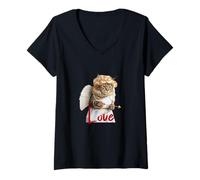 Donna Funny Cat in Cupid Costume, Saint Valentine's Cat Selfie Maglietta con Collo a V