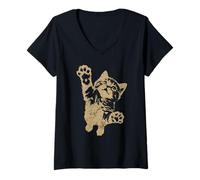 Donna Funny Cat Jumping Up Brown Distressed Vintage Grunge Graphic Maglietta con Collo a V