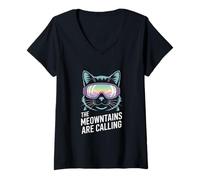 Donna Funny Cat Meowntains Calling Occhiali da Sci Donna Uomo Maglietta con Collo a V