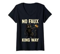 Donna Funny Cat No Faux King Way Maglietta con Collo a V