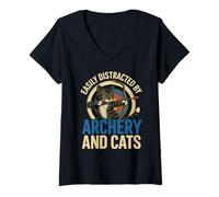 Donna Funny Cat Parent Gift Easily Distracted By Archery And Cats Maglietta con Collo a V