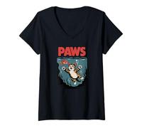 Donna Funny Cat Paws Parody Design - Cute Kitten & Fish Cartoon Maglietta con Collo a V