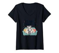 Donna Funny Cat Plans Cancellato Tea Cozy Kitty Sleeping Maglietta con Collo a V