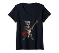 Donna Funny Cat Playing Guitar Rock Men Women Kids Maglietta con Collo a V