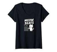 Donna Funny Cat Playing Piano Meow Beats Music Lover Maglietta con Collo a V