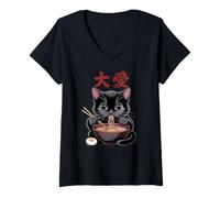 Donna Funny Cat Ramen Graphic - Giapponese Kawaii Anime Style Maglietta con Collo a V