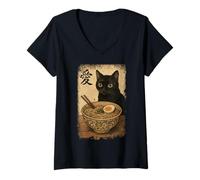 Donna Funny Cat Ramen Graphic Japanese Kawaii Manga Anime Maglietta con Collo a V