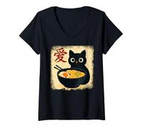 Donna Funny Cat Ramen Graphic Japanese Kawaii Manga Anime Maglietta con Collo a V