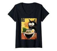 Donna Funny Cat Ramen Graphic Japanese Kawaii Manga Anime Maglietta con Collo a V