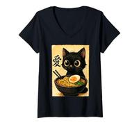 Donna Funny Cat Ramen Graphic Japanese Kawaii Manga Anime Maglietta con Collo a V