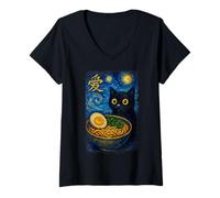 Donna Funny Cat Ramen Graphic Japanese Kawaii Manga Anime Maglietta con Collo a V