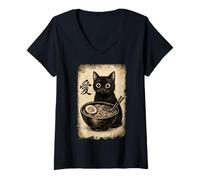 Donna Funny Cat Ramen Graphic Japanese Kawaii Manga Anime Maglietta con Collo a V