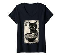 Donna Funny Cat Ramen Graphic Japanese Kawaii Manga Anime Maglietta con Collo a V