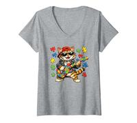 Donna Funny Cat Rockstar Autism Puzzle Consapevolezza dell'autismo Maglietta con Collo a V