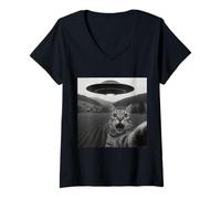 Donna Funny Cat Selfie with Alien UFO Kitten Maglietta con Collo a V