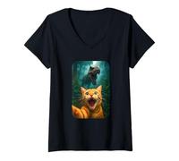 Donna Funny Cat Selfie with T-Rex Dinosaur Orange Cat Meme Maglietta con Collo a V