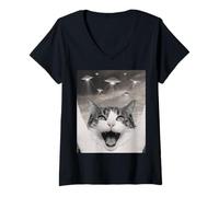 Donna Funny Cat Selfie with UFOs - Alien Adventure Tee Maglietta con Collo a V