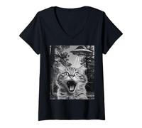 Donna Funny Cat Selfie with UFOs - Alien Adventure Tee Maglietta con Collo a V