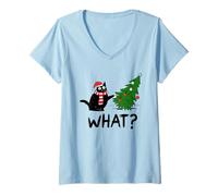 Donna Funny Cat (What?) Christmas Tree Graphic Maglietta con Collo a V