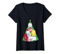 Donna Funny Christmas Cats Tree, Xmas New Year Holiday Present Maglietta con Collo a V