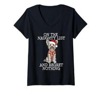 Donna Funny Christmas Chinese Crested Naughty List Maglietta con Collo a V