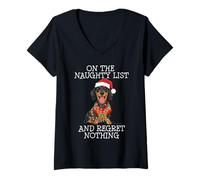 Donna Funny Christmas Dachshund Naughty List Maglietta con Collo a V