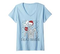 Donna Funny Christmas Skeleton Drinking Coffee Skull Dead Inside Maglietta con Collo a V