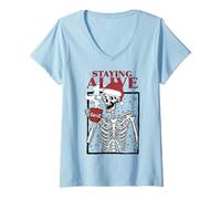 Donna Funny Christmas Skeleton Drinking Coffee Skull Staying Alive Maglietta con Collo a V