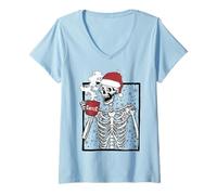 Donna Funny Christmas Skeleton Drinking Coffee Smiling Skull Maglietta con Collo a V